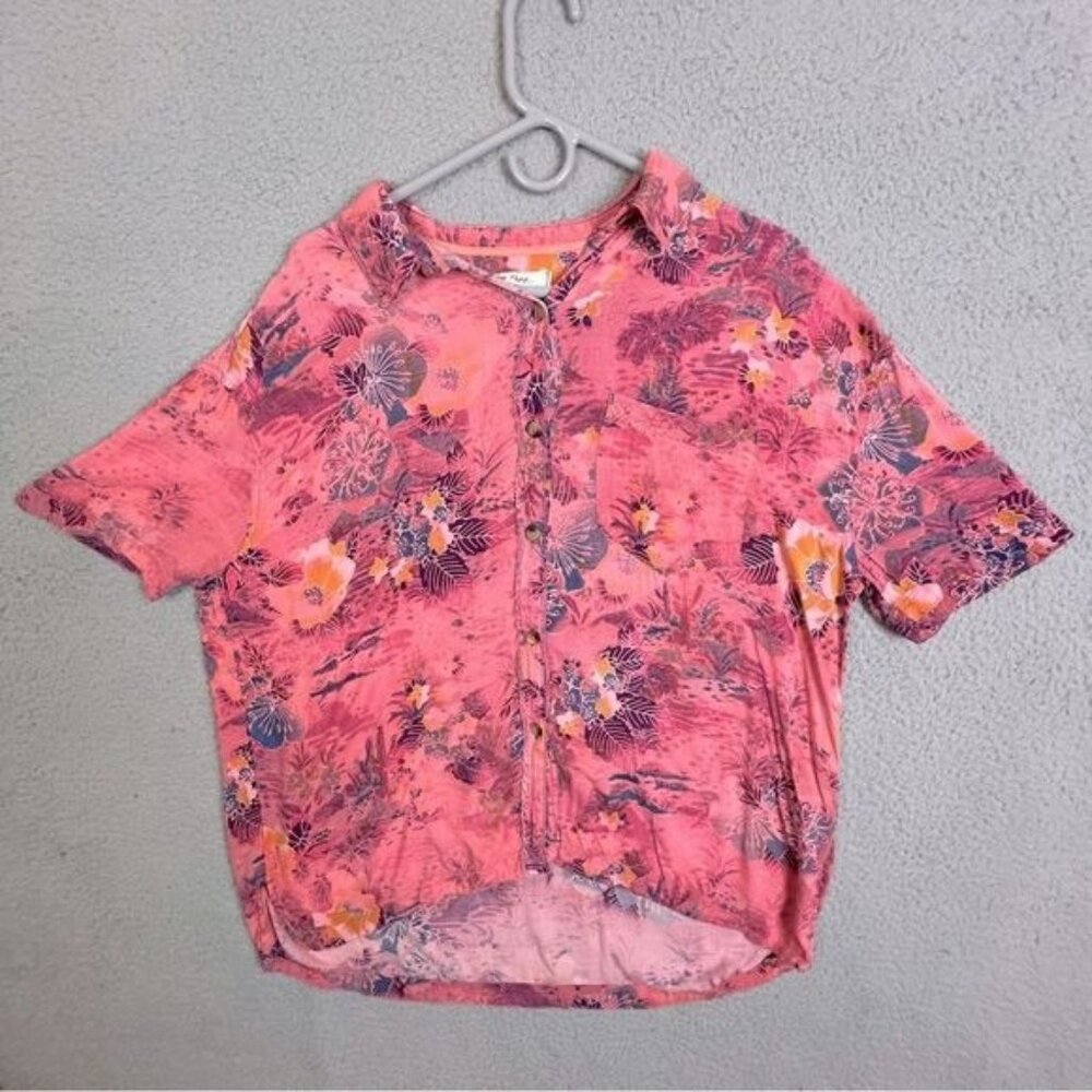 Floral Button-Front Short Sleeve Top - Pink